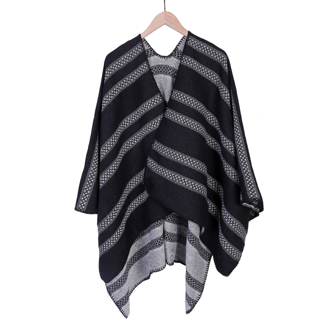 Damen Oversize-Ruana mit grafischen Längs‑Jacquardstreifen und offenem Kimono‑Fall Drune