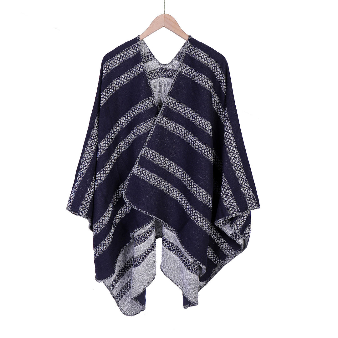 Damen Oversize-Ruana mit grafischen Längs‑Jacquardstreifen und offenem Kimono‑Fall Drune