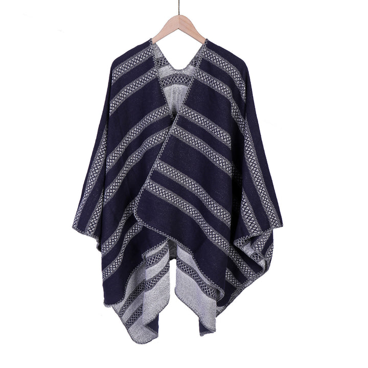 Damen Oversize-Ruana mit grafischen Längs‑Jacquardstreifen und offenem Kimono‑Fall Drune