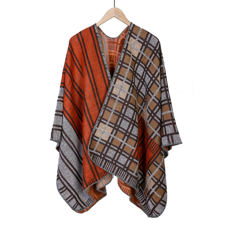 Damen Oversize-Ruana im Patch-Karo-Strick mit offenem Saum Drune