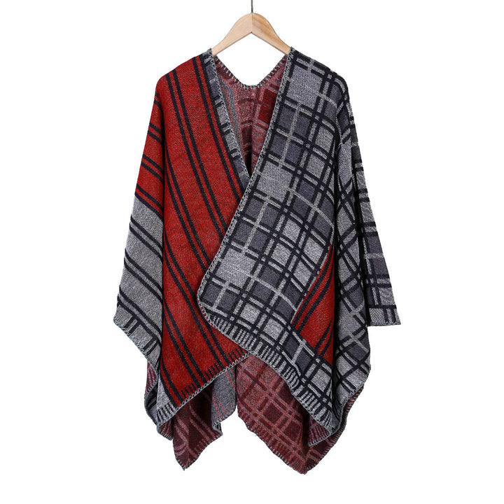 Damen Oversize-Ruana im Patch-Karo-Strick mit offenem Saum Drune