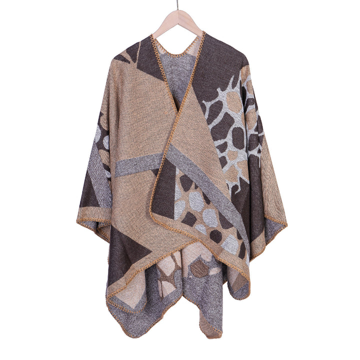 Damen Ruana-Überwurf mit geometrisch-animalischem Jacquard und Ziernaht Drune