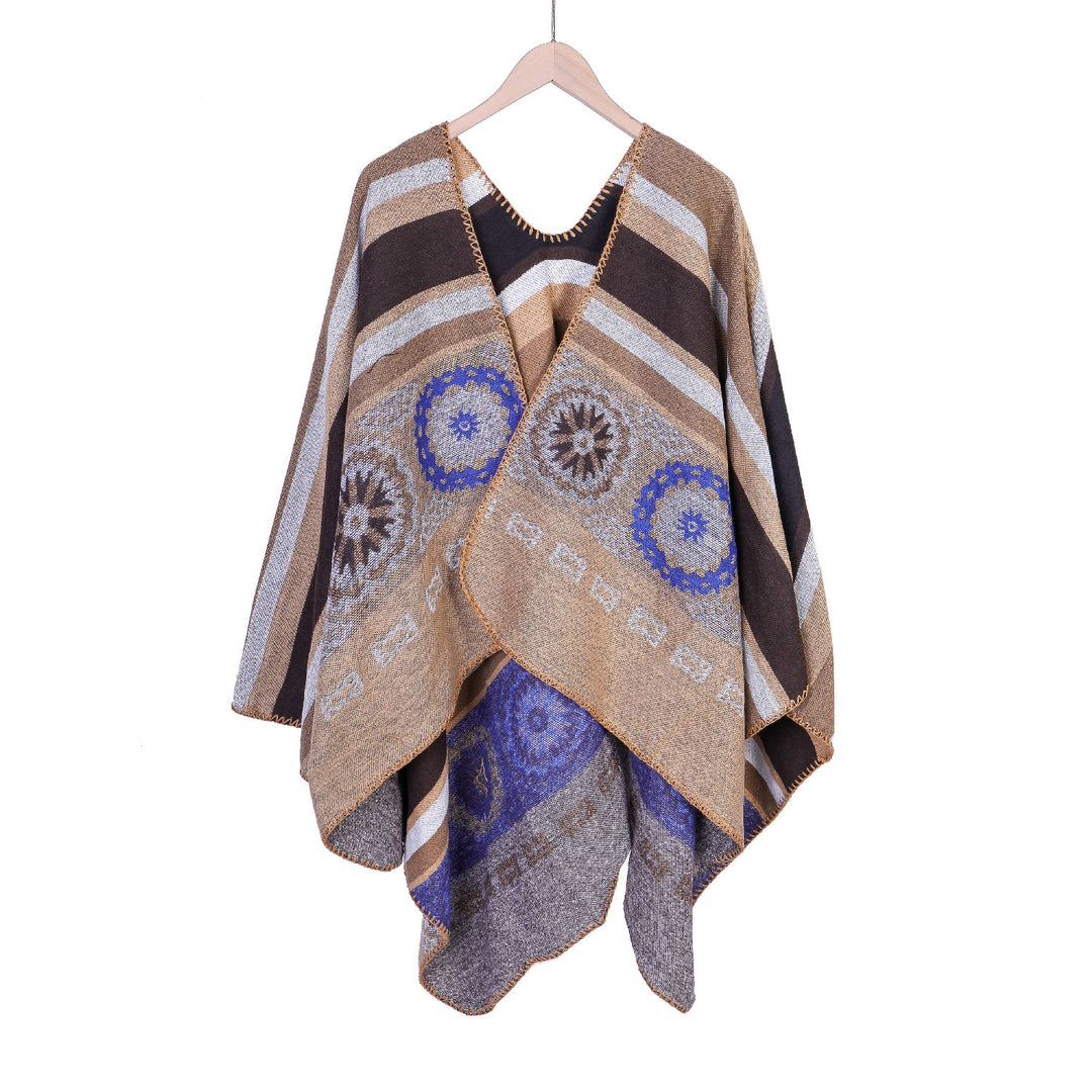 Damen Oversize-Ruana-Poncho mit V-Ausschnitt und ornamentaler Jacquard-Webung Drune