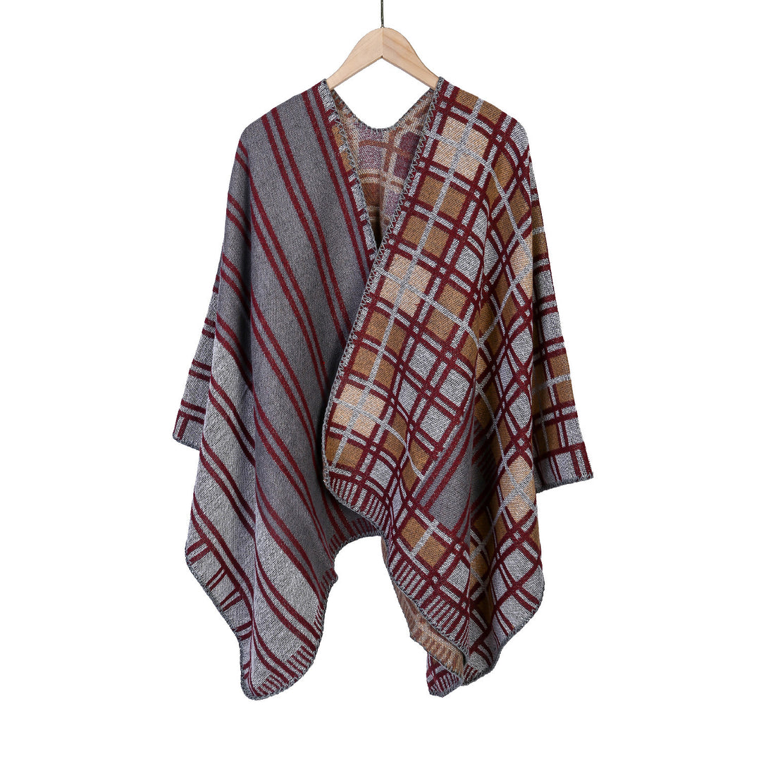 Damen Oversize-Ruana im Patch-Karo-Strick mit offenem Saum Drune
