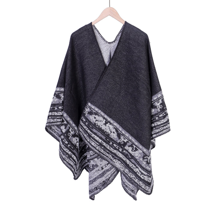 Damen Weichfallende Oversize-Ruana im Umhangstil mit ornamentaler Bordüre Drune