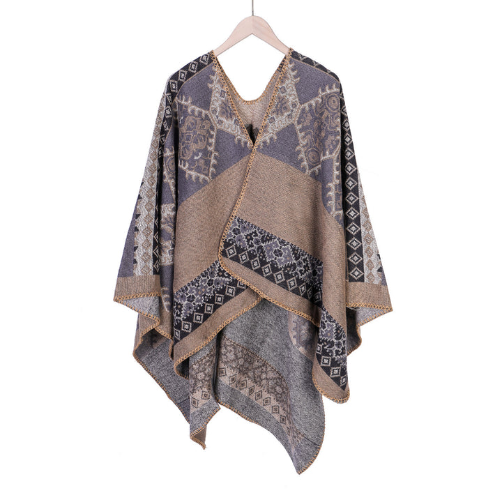 Damen Oversize-Ruana-Poncho aus Jacquardgewebe mit asymmetrischem Zipfelrand und ornamentaler Bordüre Drune