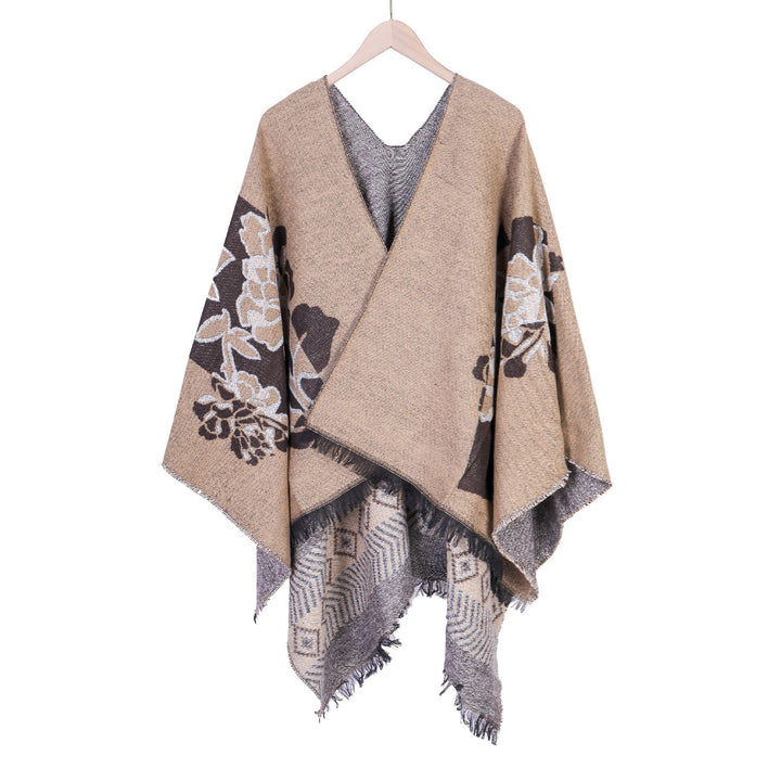Damen Jacquard‑Ruana mit floralem Motiv, doppellagig und Fransensaum Drune