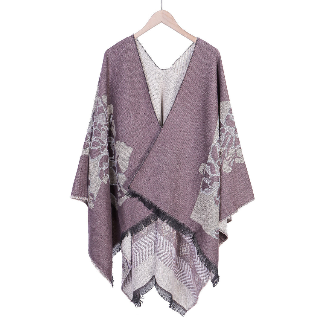 Damen Jacquard‑Ruana mit floralem Motiv, doppellagig und Fransensaum Drune