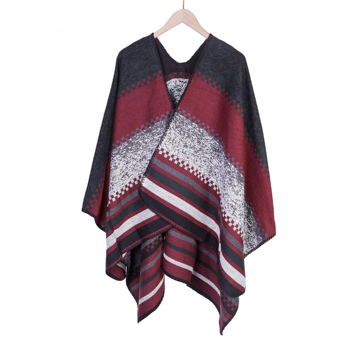 Damen Jacquard-Ruana Poncho im Oversize mit grafischem Streifen- und Ornamentmuster Drune