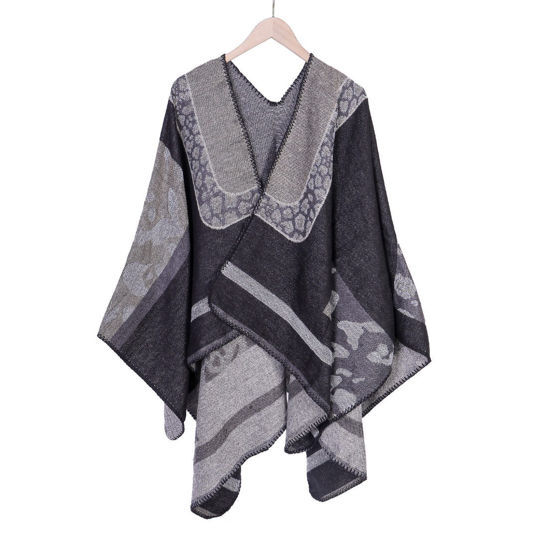 Damen Jacquard-Wollmix Ruana-Poncho mit V-Ausschnitt und Ziernaht Drune