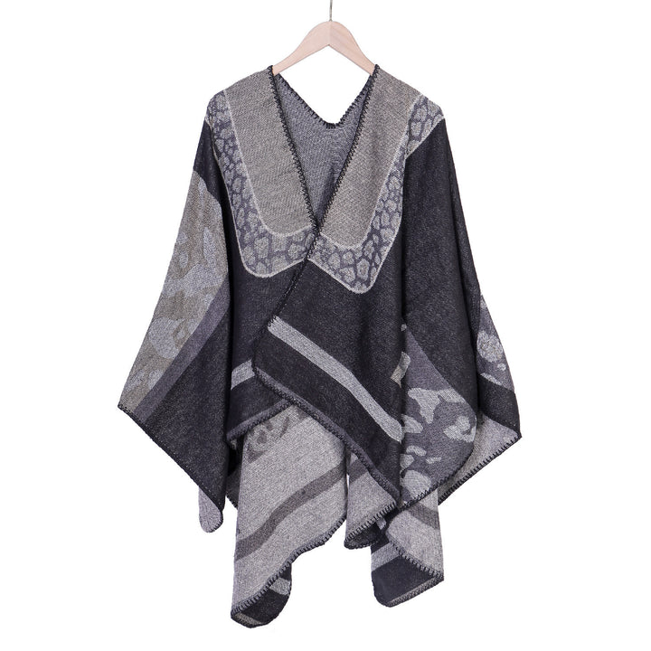 Damen Jacquard-Wollmix Ruana-Poncho mit V-Ausschnitt und Ziernaht Drune