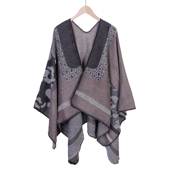 Damen Jacquard-Wollmix Ruana-Poncho mit V-Ausschnitt und Ziernaht Drune