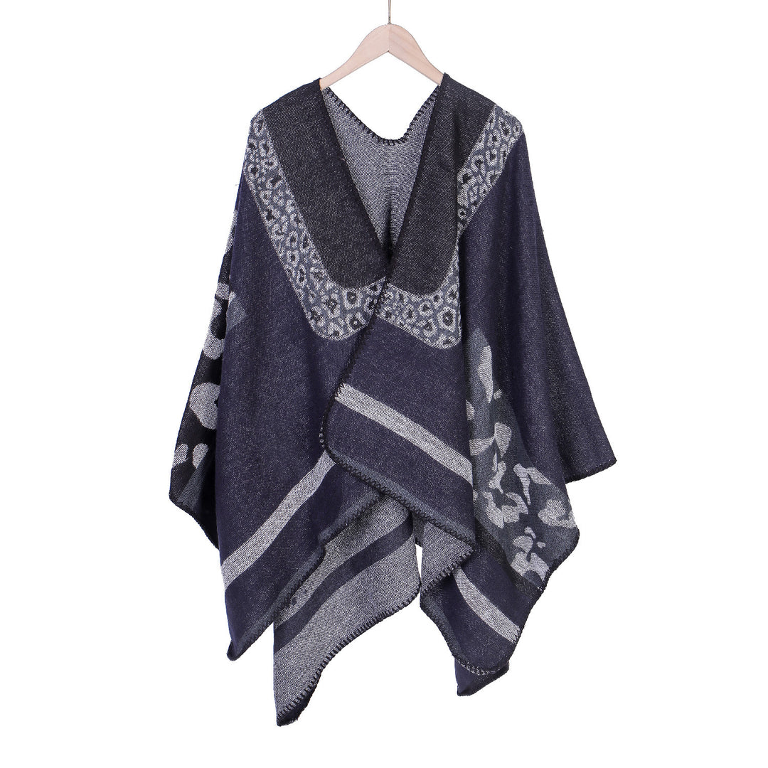 Damen Jacquard-Wollmix Ruana-Poncho mit V-Ausschnitt und Ziernaht Drune