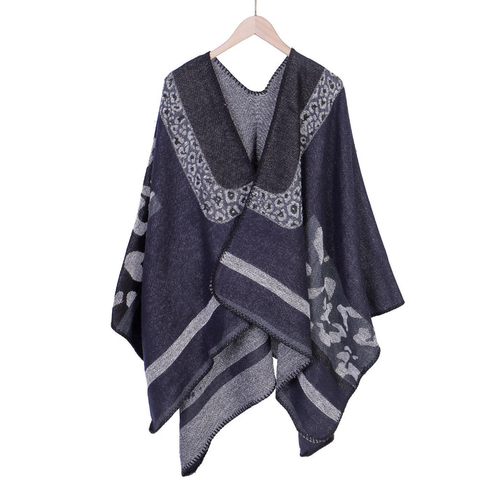 Damen Jacquard-Wollmix Ruana-Poncho mit V-Ausschnitt und Ziernaht Drune