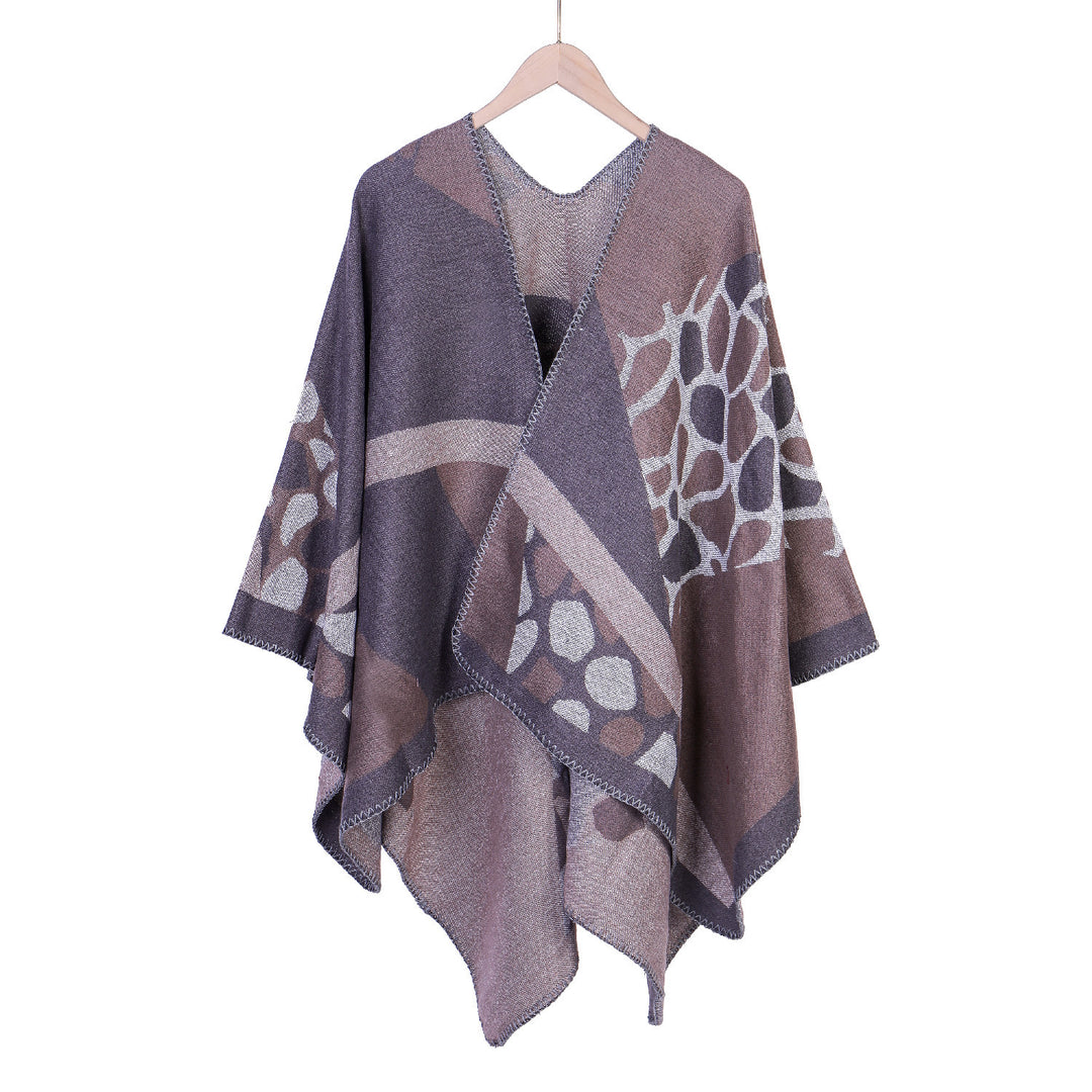 Damen Ruana-Überwurf mit geometrisch-animalischem Jacquard und Ziernaht Drune