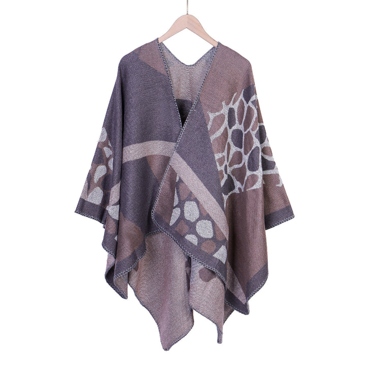 Damen Ruana-Überwurf mit geometrisch-animalischem Jacquard und Ziernaht Drune