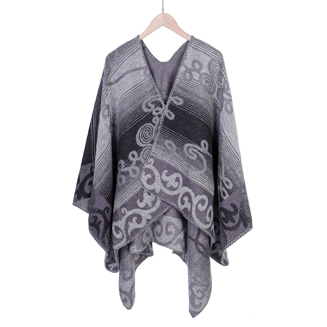 Damen Jacquard‑Ruana‑Poncho aus Wollmix mit asymmetrischem Zipfelsaum Drune