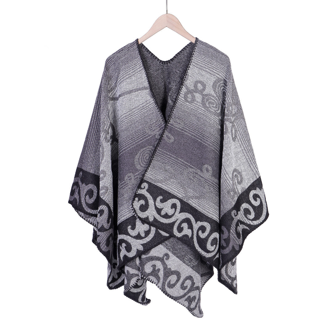 Damen Jacquard‑Ruana‑Poncho aus Wollmix mit asymmetrischem Zipfelsaum Drune