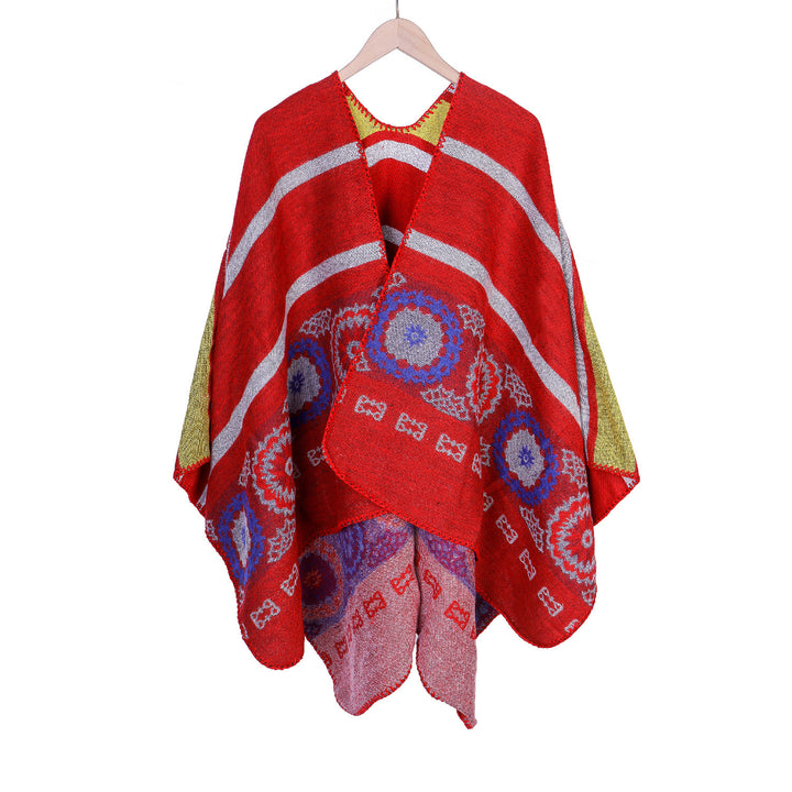 Damen Oversize-Ruana-Poncho mit V-Ausschnitt und ornamentaler Jacquard-Webung Drune