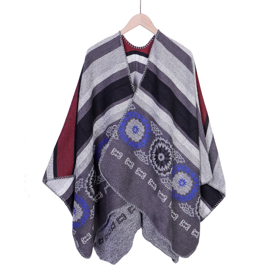 Damen Oversize-Ruana-Poncho mit V-Ausschnitt und ornamentaler Jacquard-Webung Drune