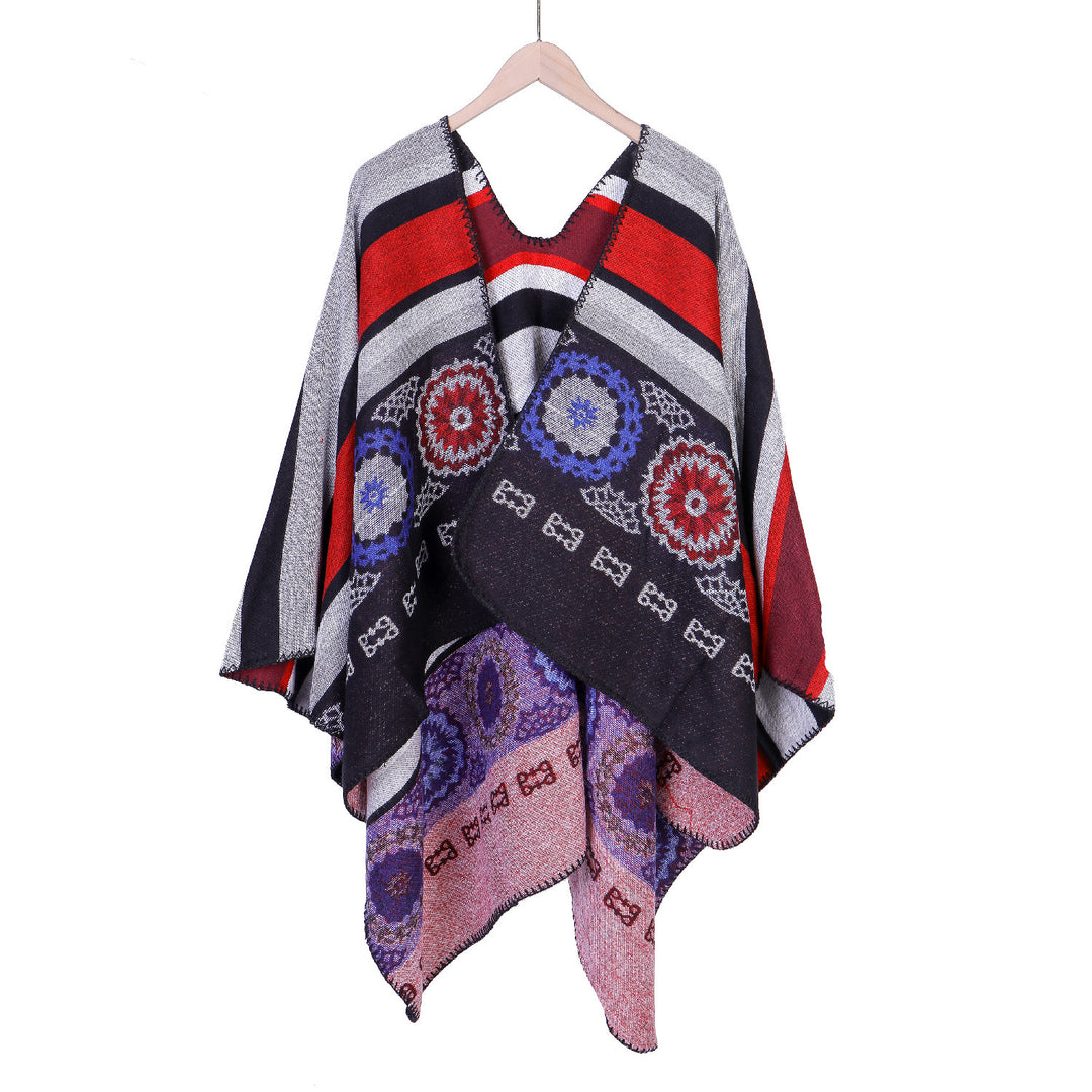 Damen Oversize-Ruana-Poncho mit V-Ausschnitt und ornamentaler Jacquard-Webung Drune