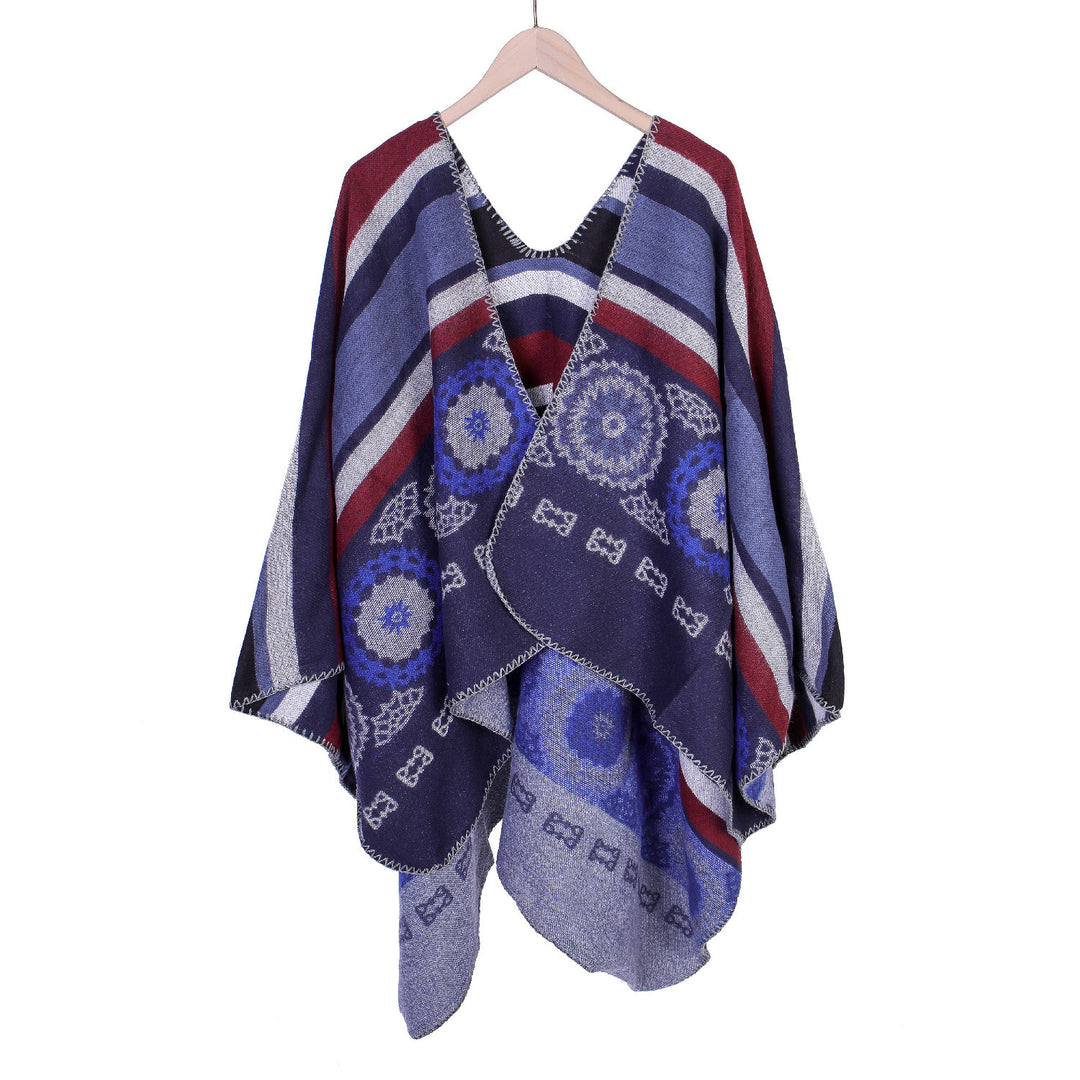 Damen Oversize-Ruana-Poncho mit V-Ausschnitt und ornamentaler Jacquard-Webung Drune