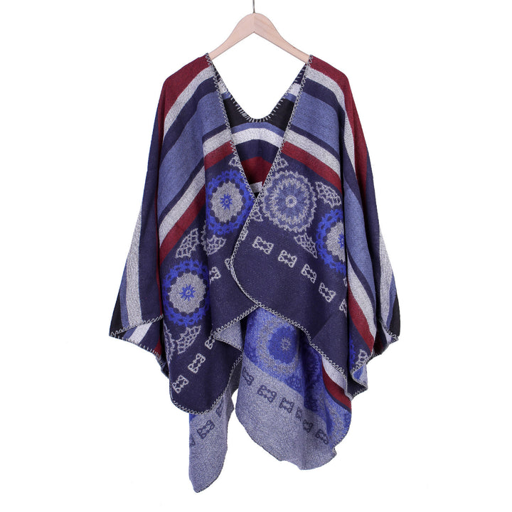Damen Oversize-Ruana-Poncho mit V-Ausschnitt und ornamentaler Jacquard-Webung Drune