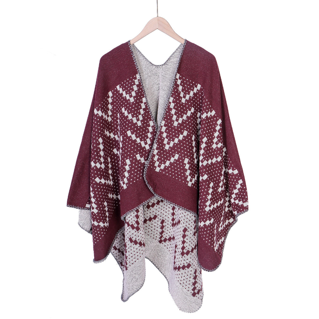 Damen Jacquard-Wickelruana mit geometrischem Muster und offener Kimono‑Silhouette Drune
