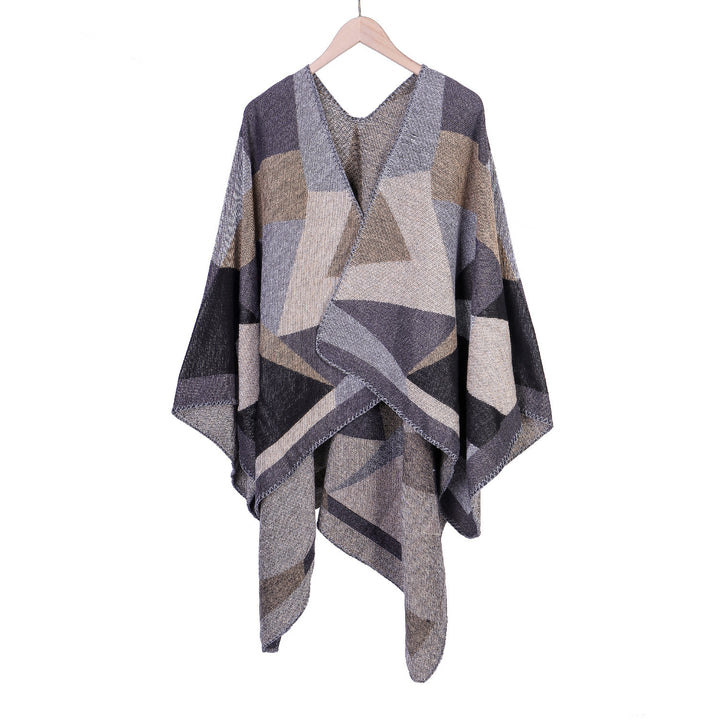 Damen Grobgestrickte Oversize-Ruana mit grafischem Blockmuster und asymmetrischem Zipfelrand Drune
