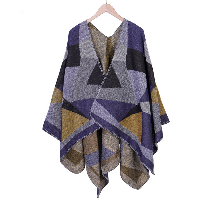 Damen Grobgestrickte Oversize-Ruana mit grafischem Blockmuster und asymmetrischem Zipfelrand Drune