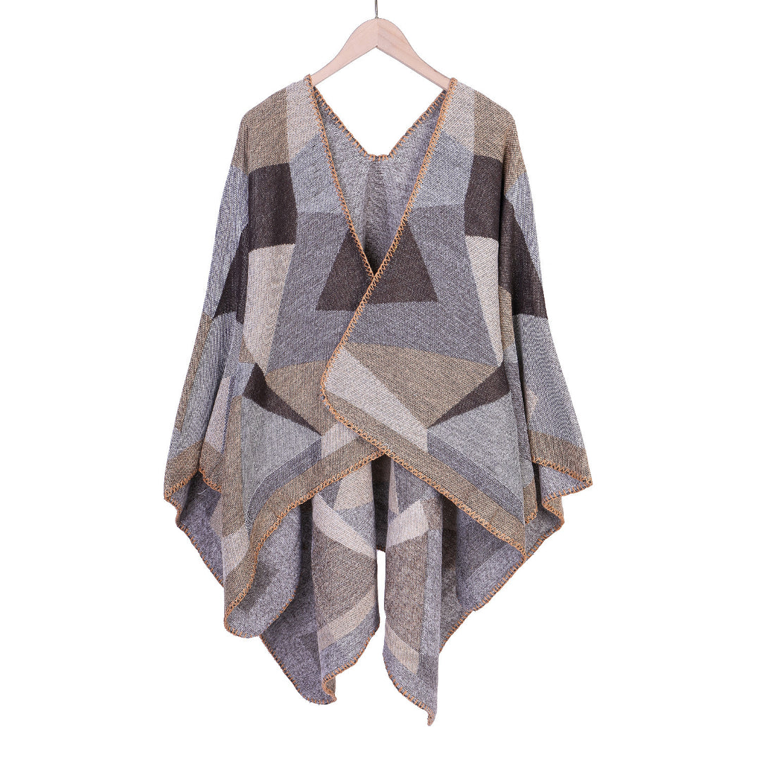 Damen Grobgestrickte Oversize-Ruana mit grafischem Blockmuster und asymmetrischem Zipfelrand Drune