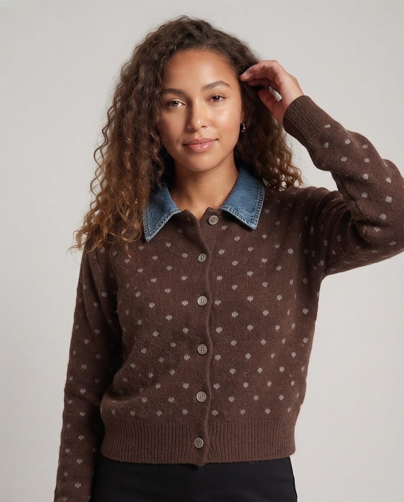 Damen Gepunktete Strickjacke mit Jeanskragen und Knopfleiste Drune