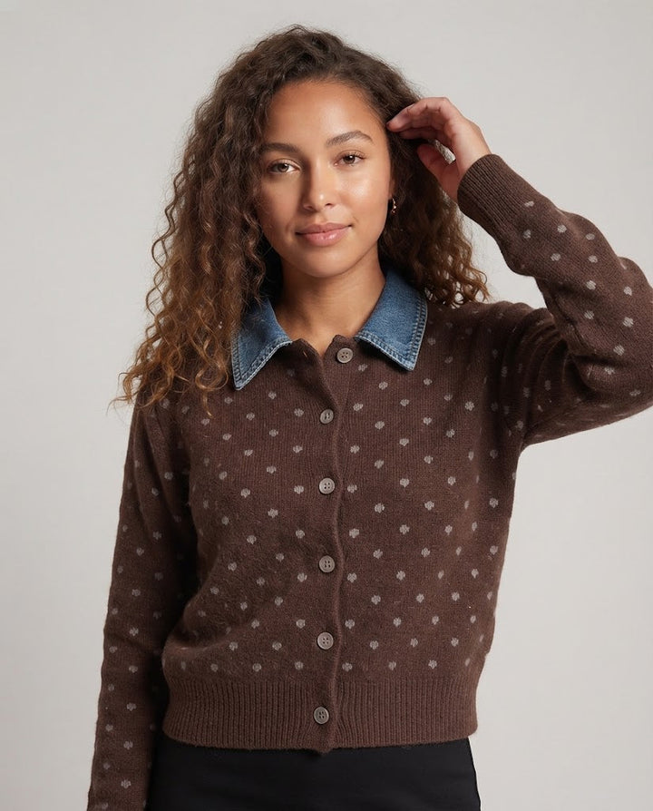 Damen Gepunktete Strickjacke mit Jeanskragen und Knopfleiste Drune