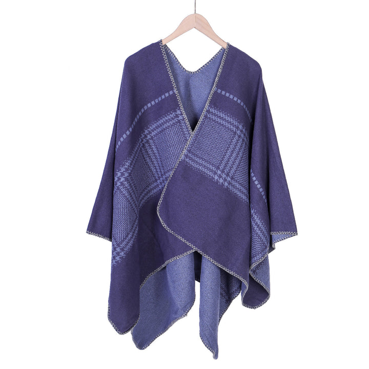Damen Jacquard-Wollmix-Ruana mit offenem Kimono-Fall und dekorativer Kettelnaht Drune