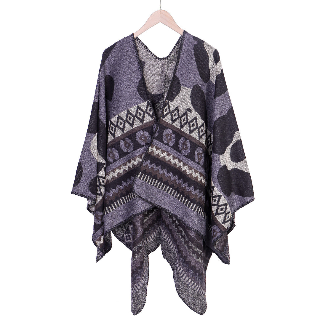 Damen Jacquard-Ruana‑Poncho mit Ethno‑Jacquard und offenem Oversize‑Fall Drune