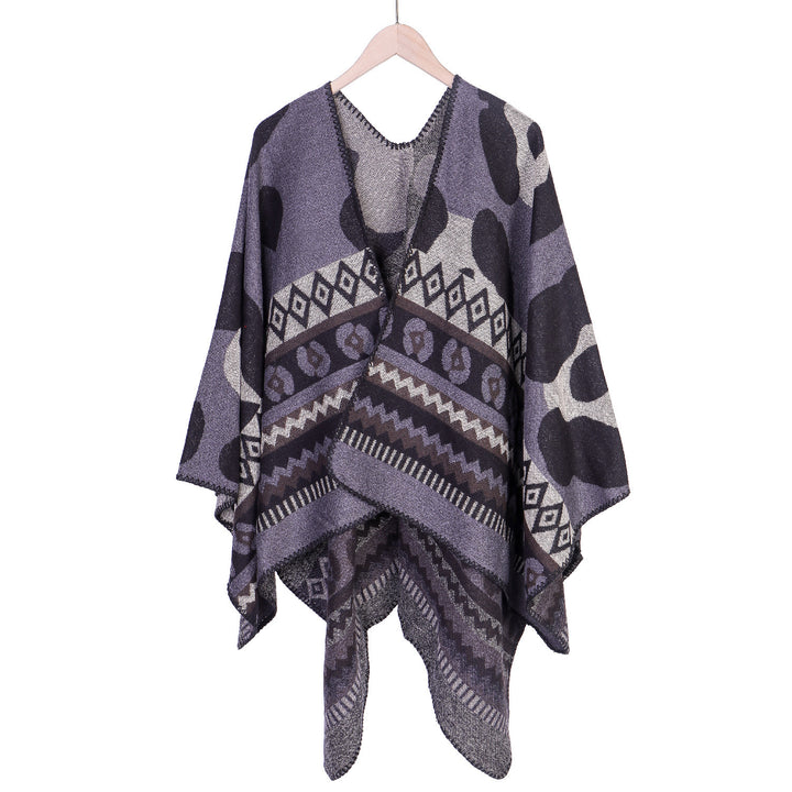 Damen Jacquard-Ruana‑Poncho mit Ethno‑Jacquard und offenem Oversize‑Fall Drune