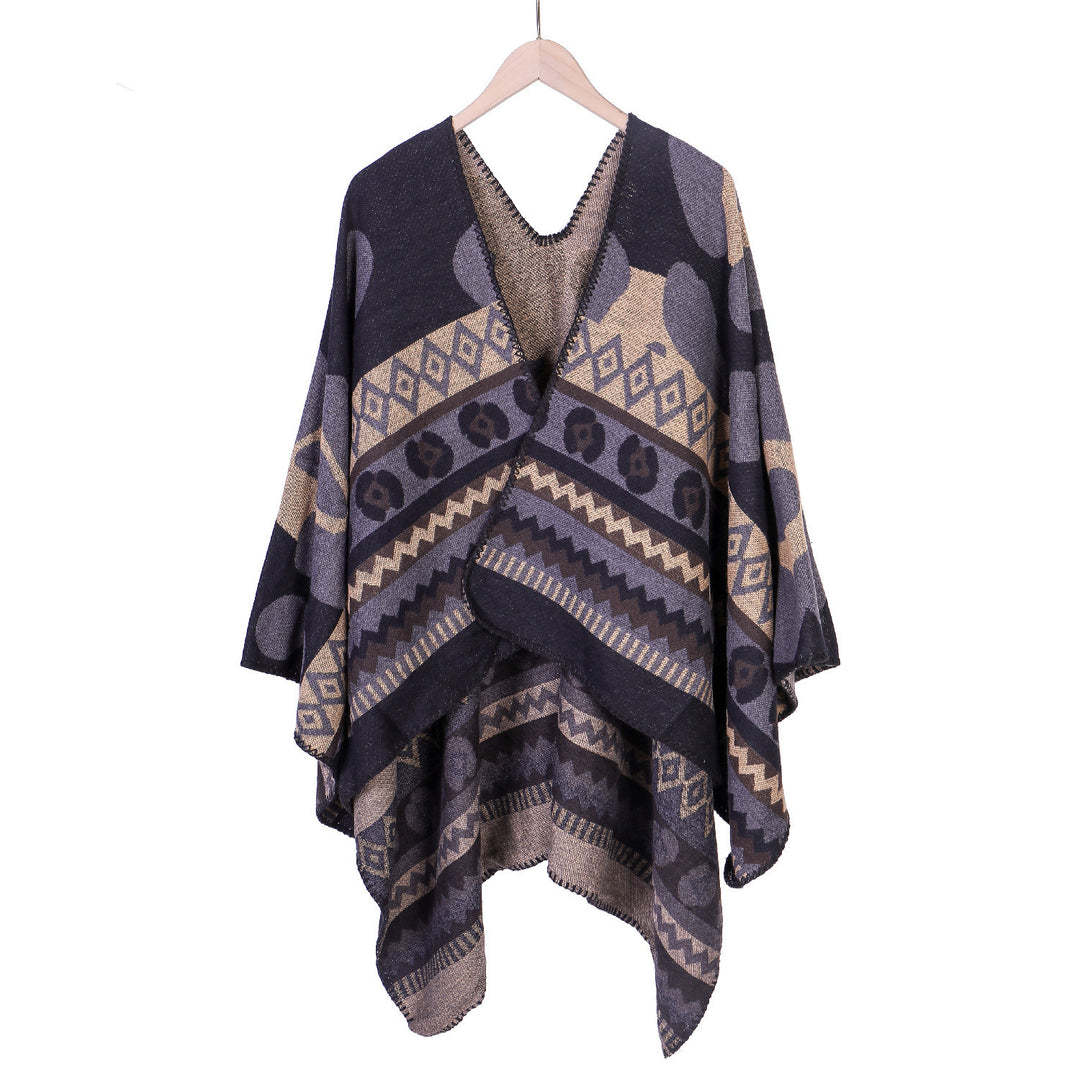 Damen Jacquard-Ruana‑Poncho mit Ethno‑Jacquard und offenem Oversize‑Fall Drune
