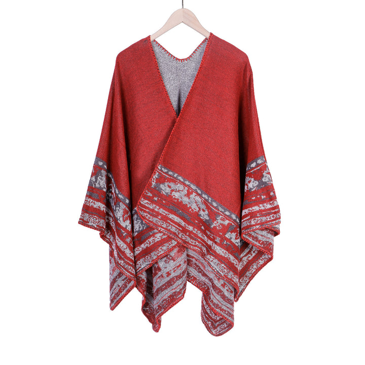 Damen Weichfallende Oversize-Ruana im Umhangstil mit ornamentaler Bordüre Drune