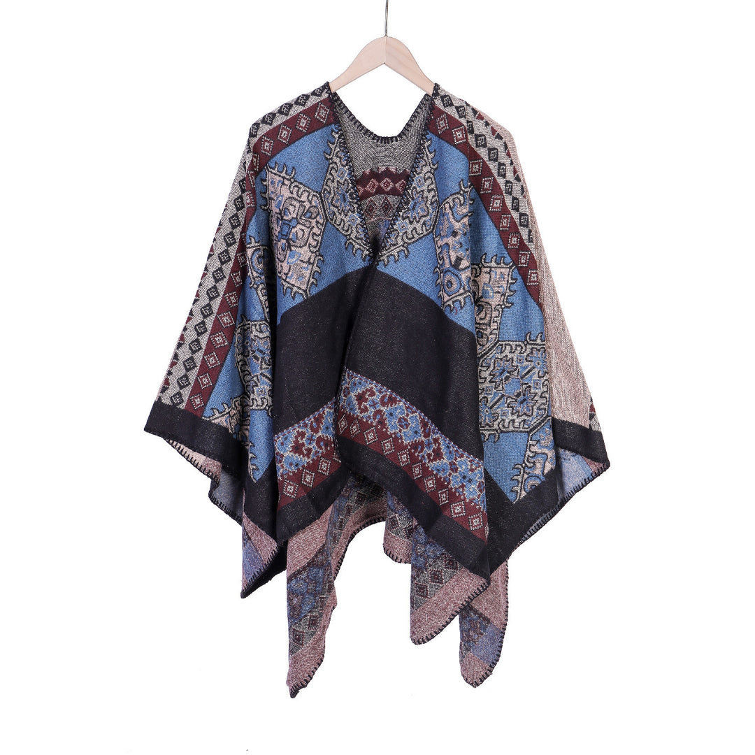 Damen Oversize-Ruana-Poncho aus Jacquardgewebe mit asymmetrischem Zipfelrand und ornamentaler Bordüre Drune
