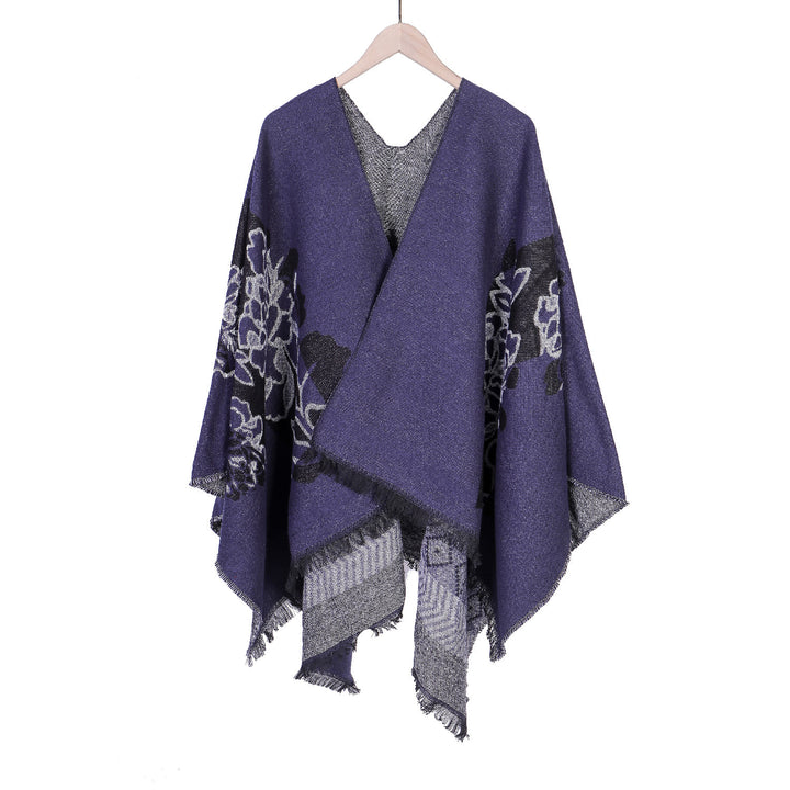 Damen Jacquard‑Ruana mit floralem Motiv, doppellagig und Fransensaum Drune