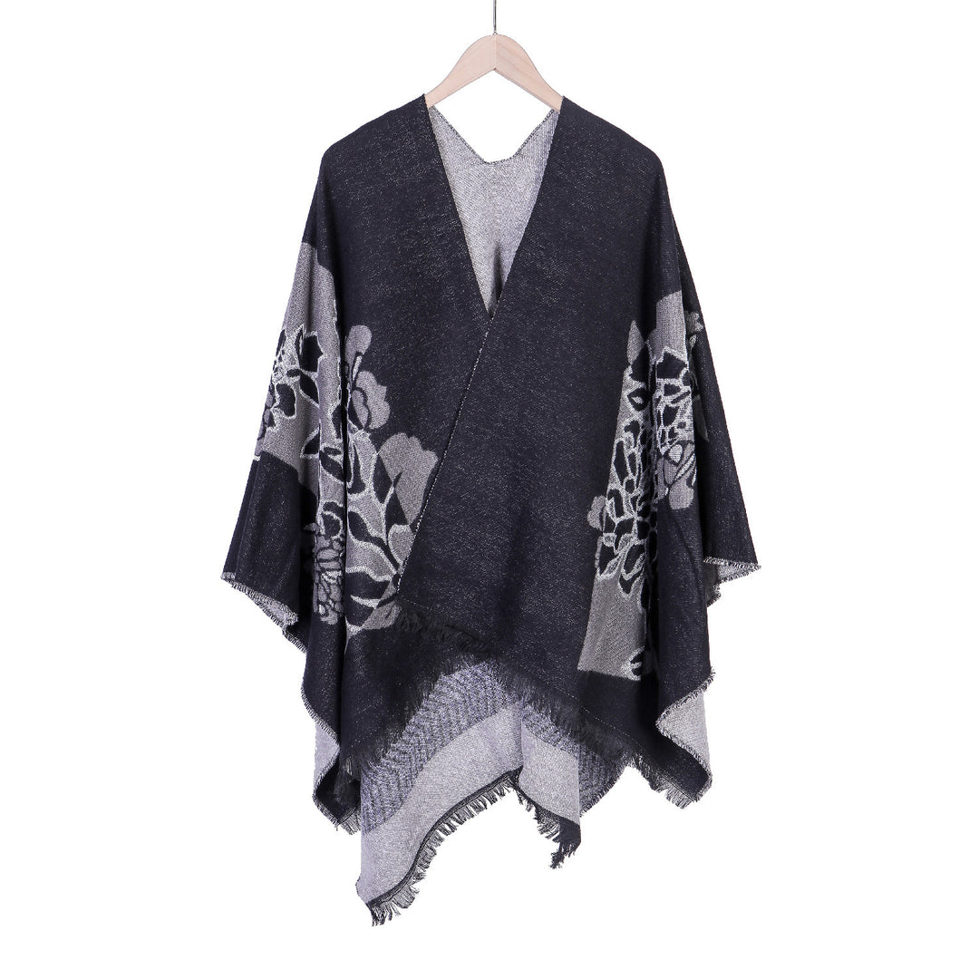 Damen Jacquard‑Ruana mit floralem Motiv, doppellagig und Fransensaum Drune