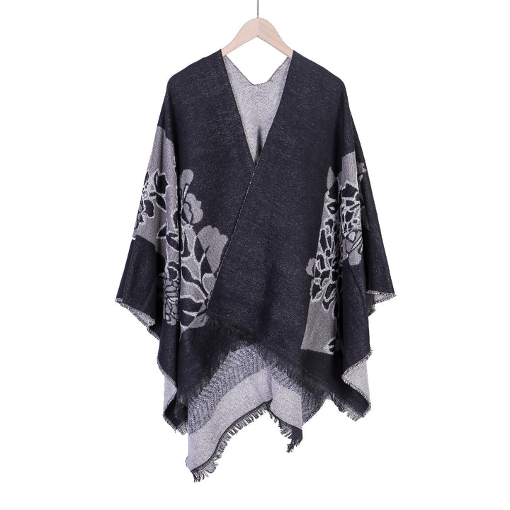 Damen Jacquard‑Ruana mit floralem Motiv, doppellagig und Fransensaum Drune