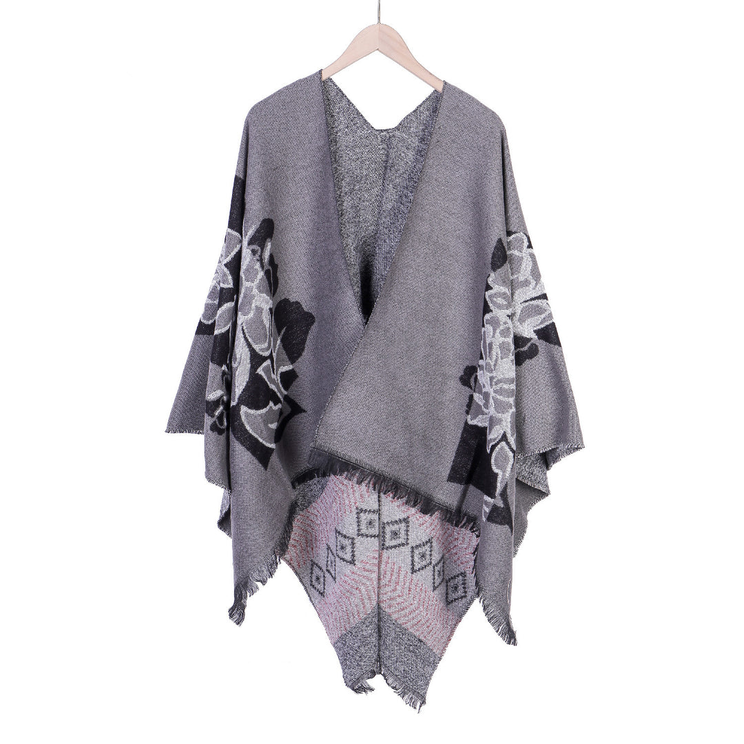 Damen Jacquard‑Ruana mit floralem Motiv, doppellagig und Fransensaum Drune