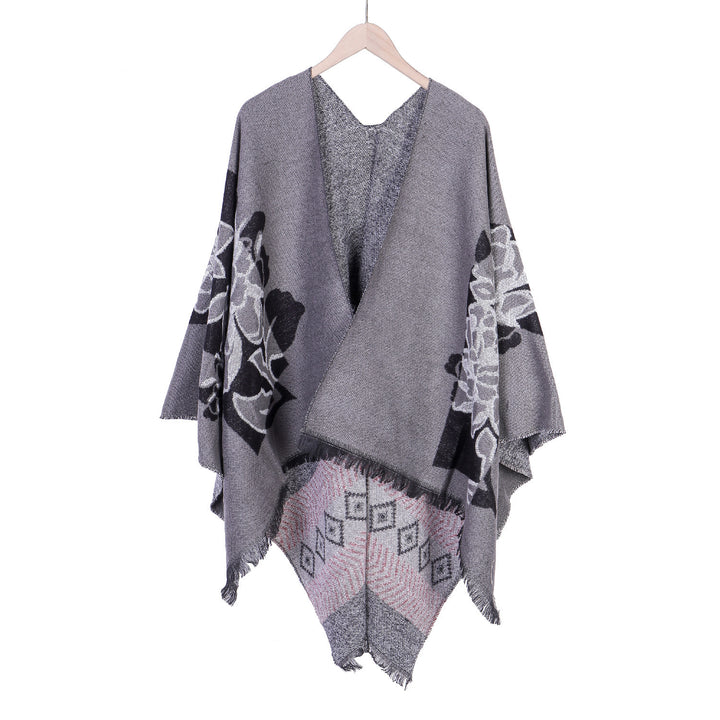 Damen Jacquard‑Ruana mit floralem Motiv, doppellagig und Fransensaum Drune