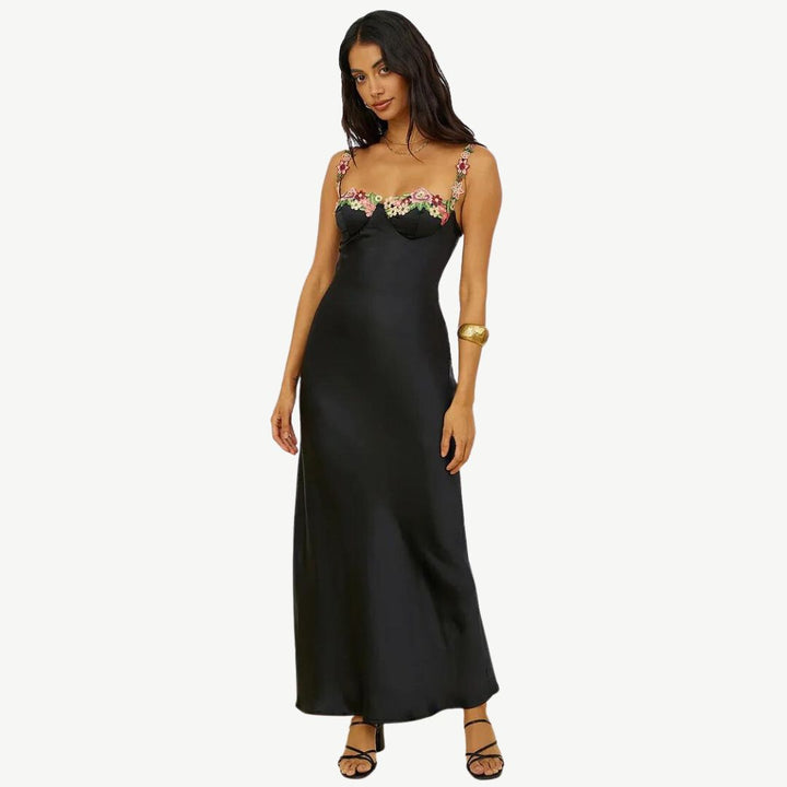 Drune | Blume Bootsausschnitt Hoher Schlitz Satin Schlank Garten Party Slip Maxikleider