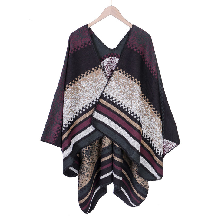 Damen Jacquard-Ruana Poncho im Oversize mit grafischem Streifen- und Ornamentmuster Drune