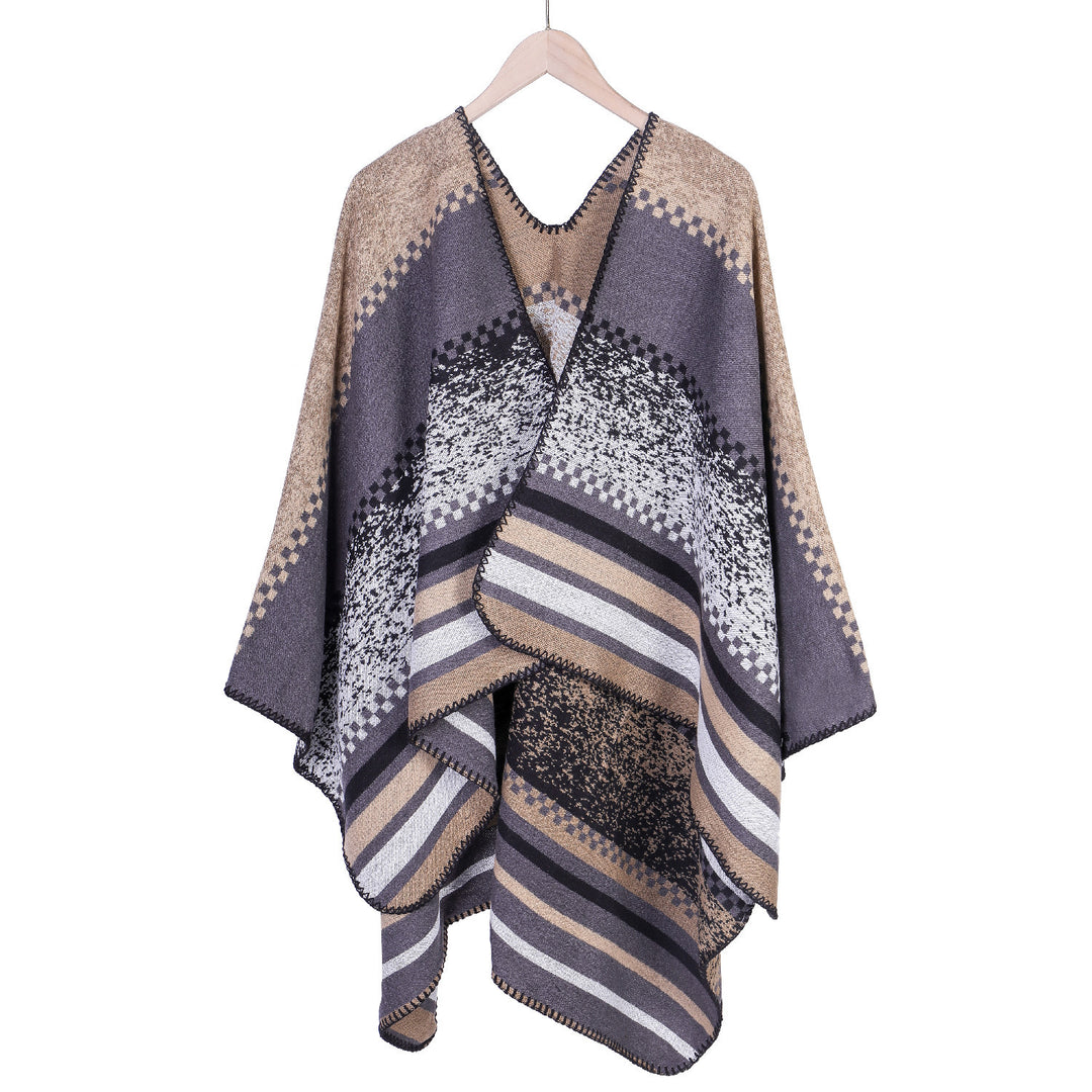 Damen Jacquard-Ruana Poncho im Oversize mit grafischem Streifen- und Ornamentmuster Drune