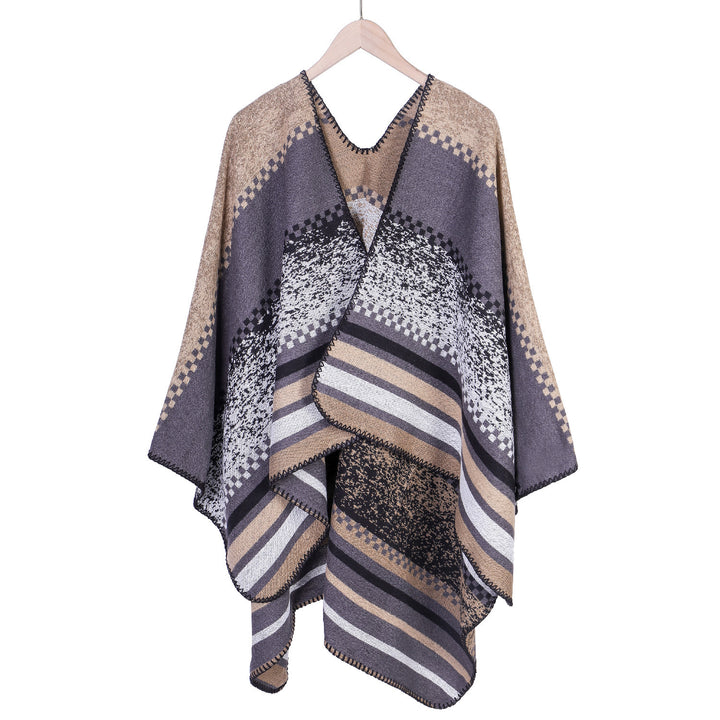 Damen Jacquard-Ruana Poncho im Oversize mit grafischem Streifen- und Ornamentmuster Drune