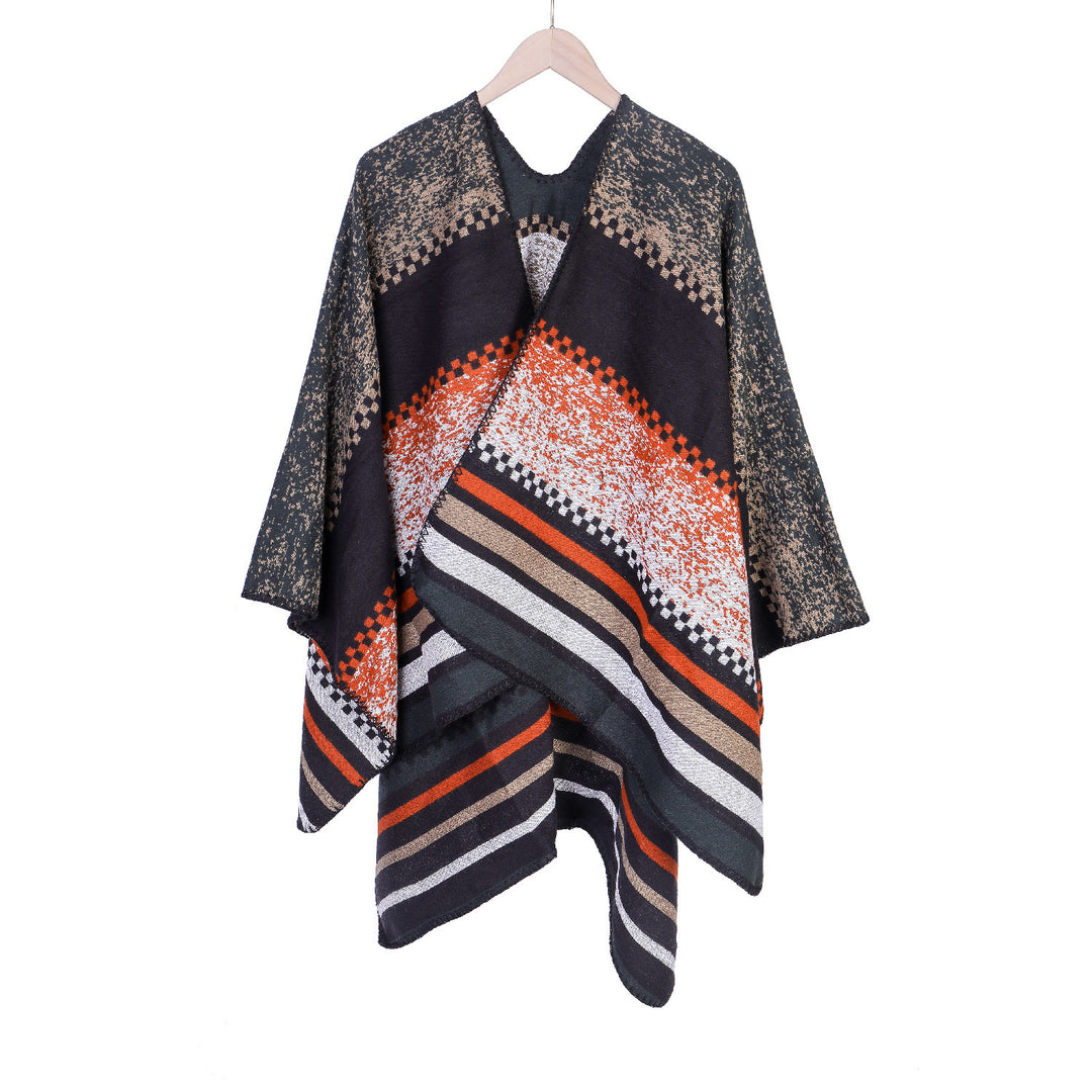 Damen Jacquard-Ruana Poncho im Oversize mit grafischem Streifen- und Ornamentmuster Drune