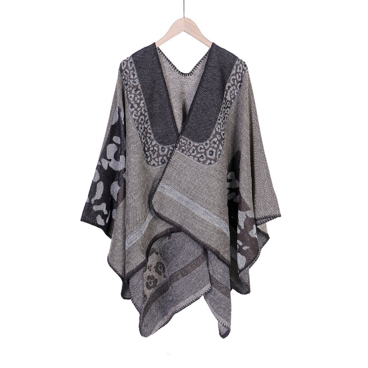 Damen Jacquard-Wollmix Ruana-Poncho mit V-Ausschnitt und Ziernaht Drune